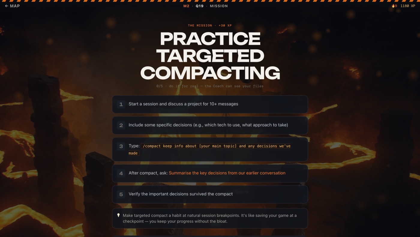 An Arena mission screen with numbered hands-on steps and a real command to run