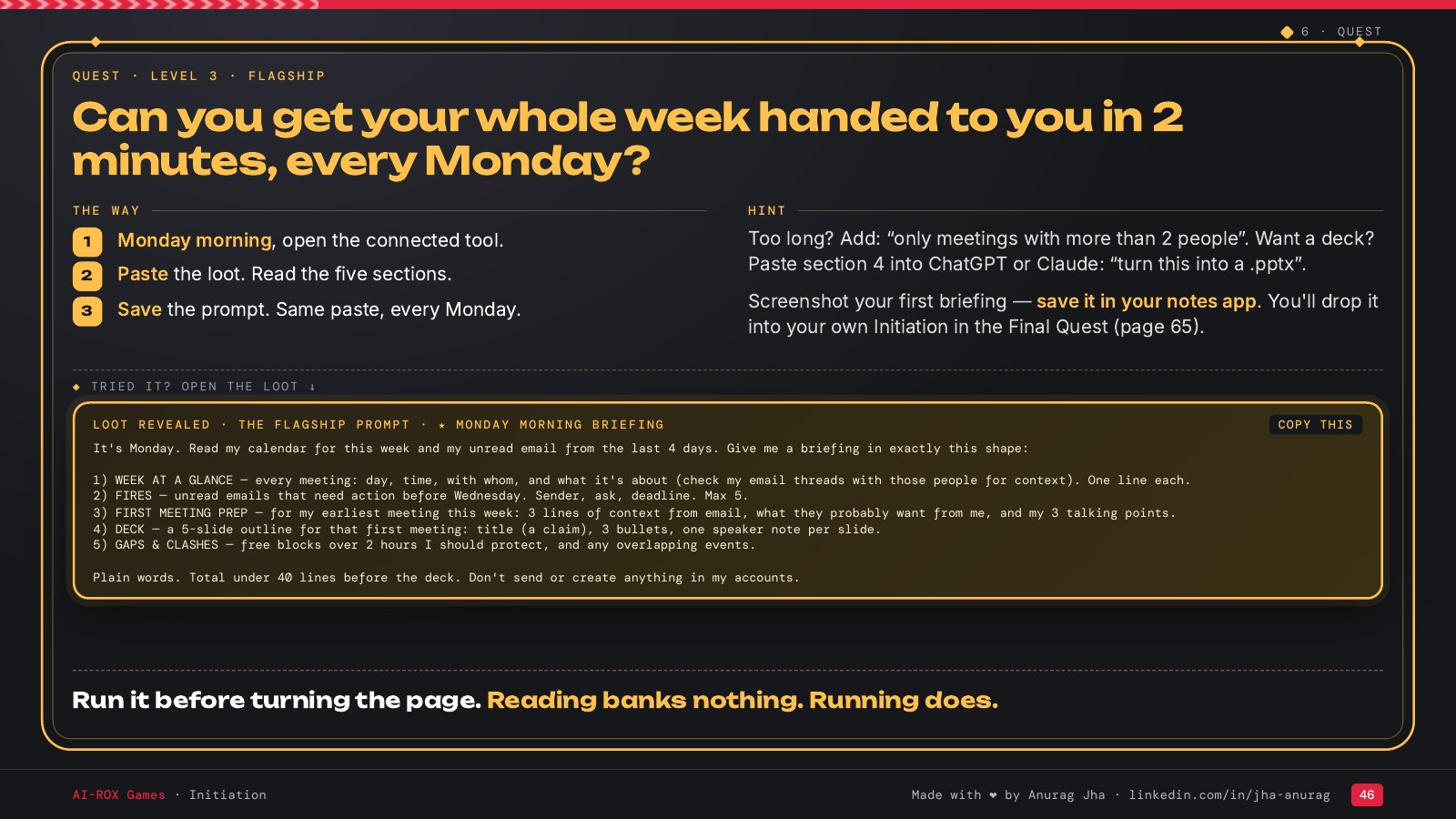 A page from the Initiation PDF: the Monday Morning Briefing quest