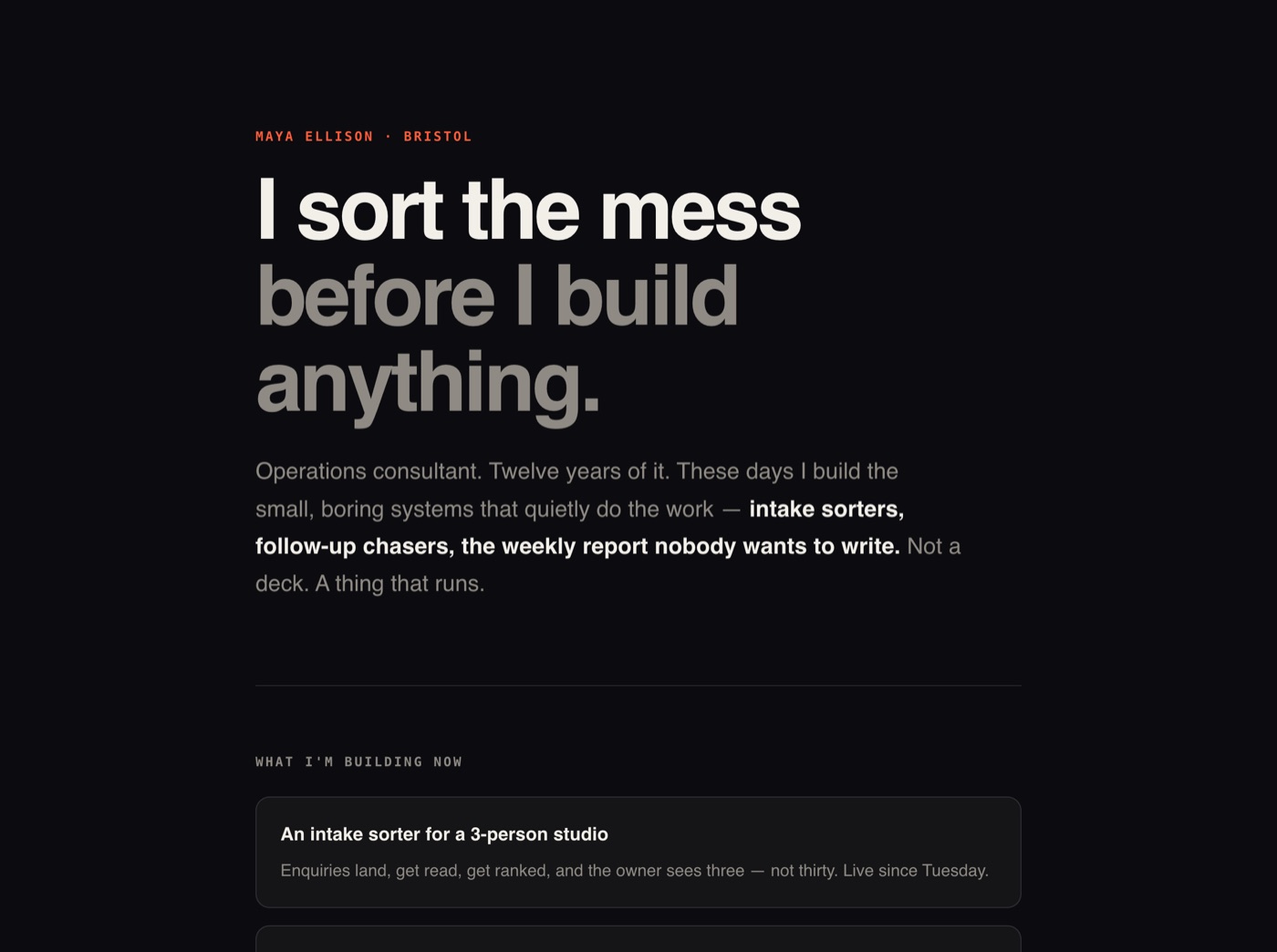 A finished dark one-page personal website built during Level 5